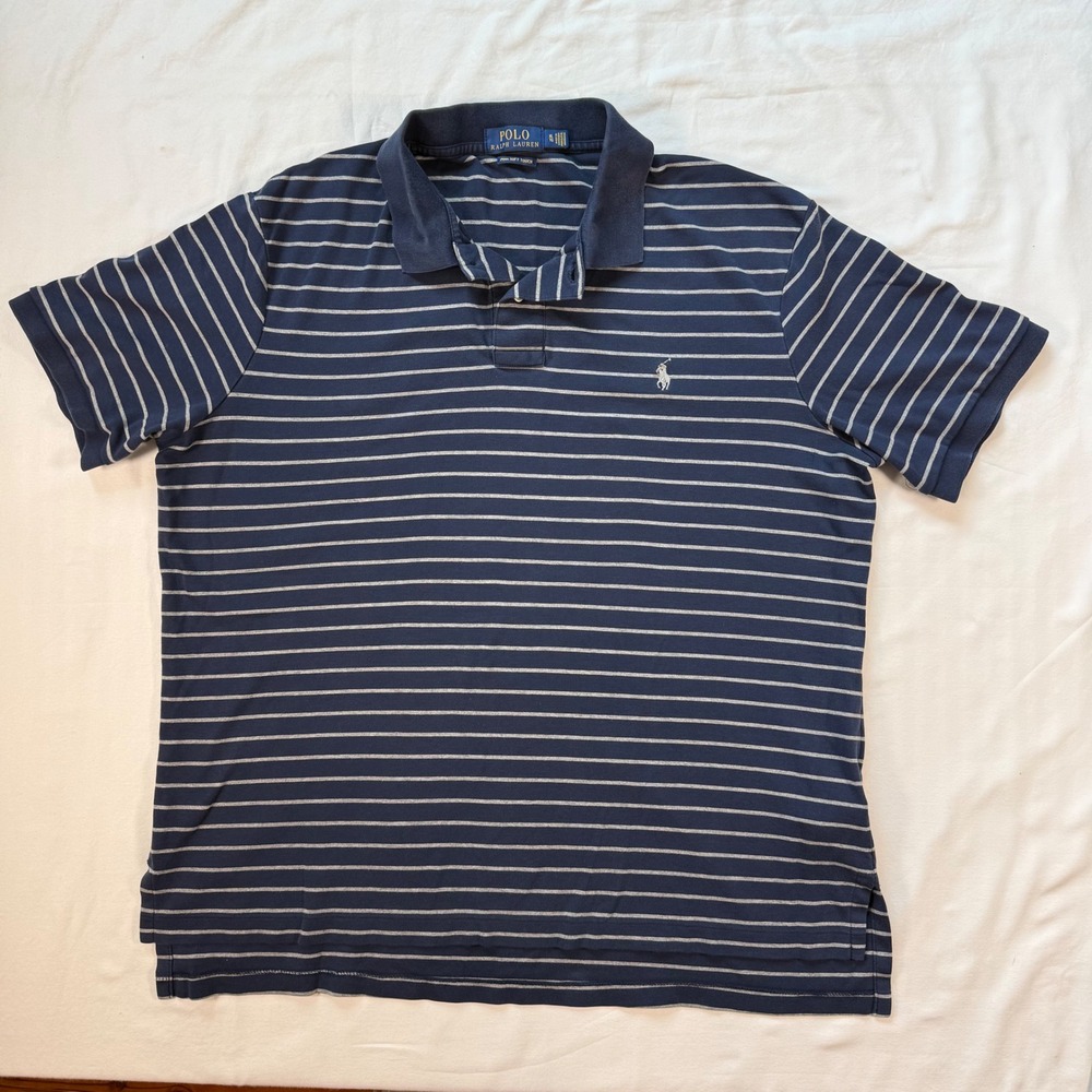 Polo Ralph Lauren Mens XL Pima Soft Touch Striped Polo Shirt Navy Blue White